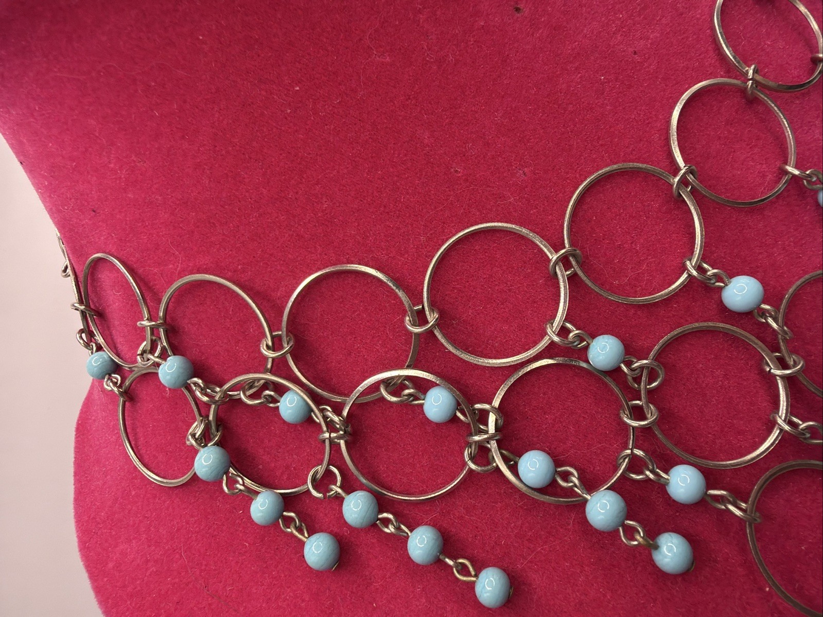 VTG Silver Tone w/ Turquoise Glass Beads Fringe 16″ Bib Necklace Statement