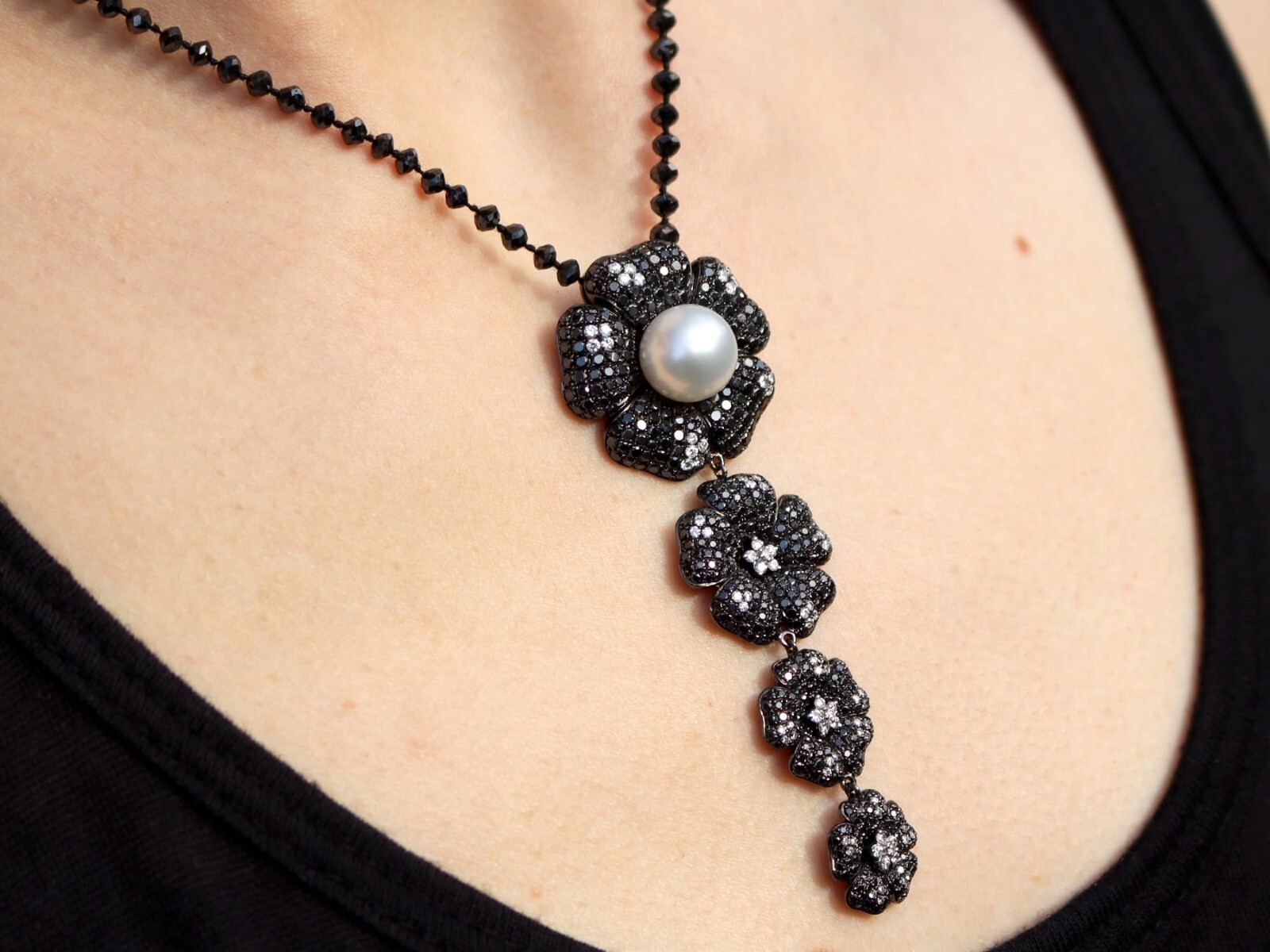 Cultured Pearl, Black Diamond, White Diamond, 18k Oxidised White Gold Pendant