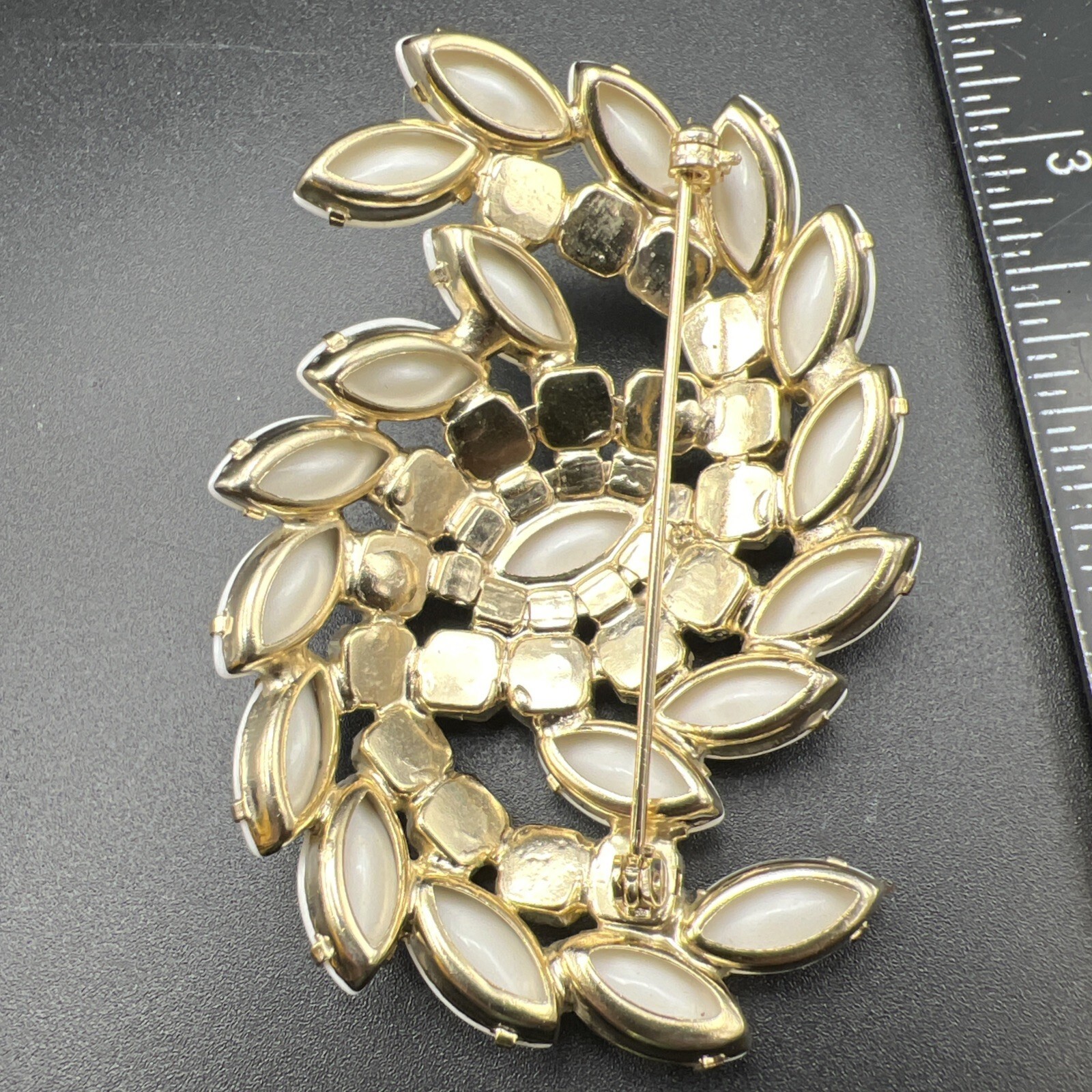 Vintage Aurora Borealis Rhinestone Milk Glass Large Swirl 3″ Brooch Pin