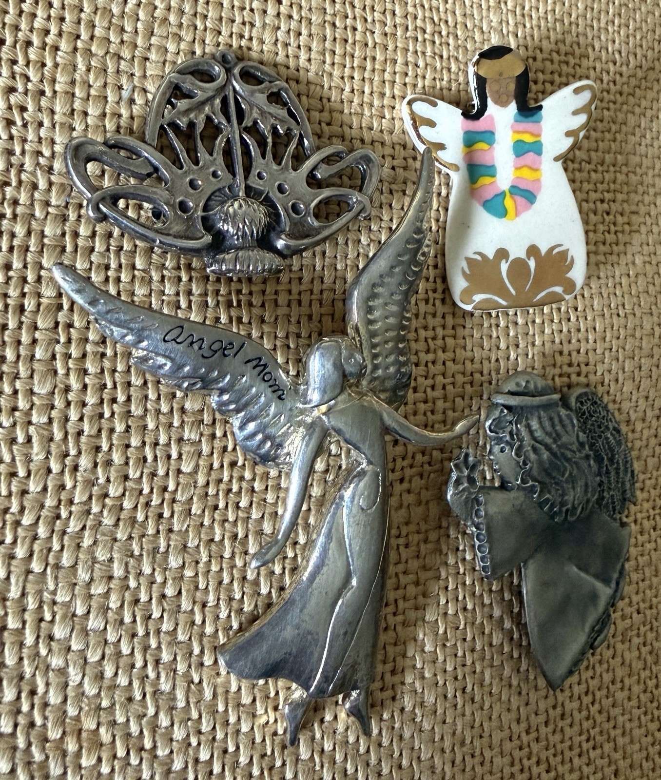Vintage Antique Angel Lotus Brooch Pins 4 Pewter Ceramic KAHA | HMK. CDS | EUC
