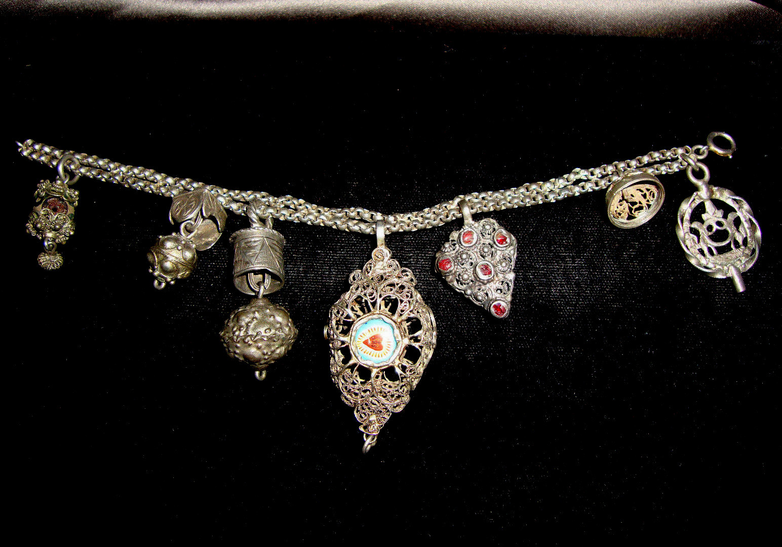 Sterling Silver Etruscan Bali Filigree Fob Charm Rolo Link Double Chain Bracelet