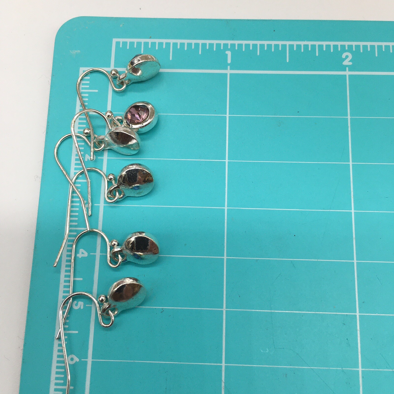 Silver Tone Glass / Acrylic Clear Purple and Blue Earrings Fish Hook Approx .4”