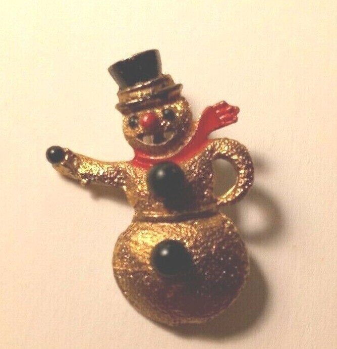 Costume Jewelry Christmas Gold Colored Metal Snowman Pin 1.5″