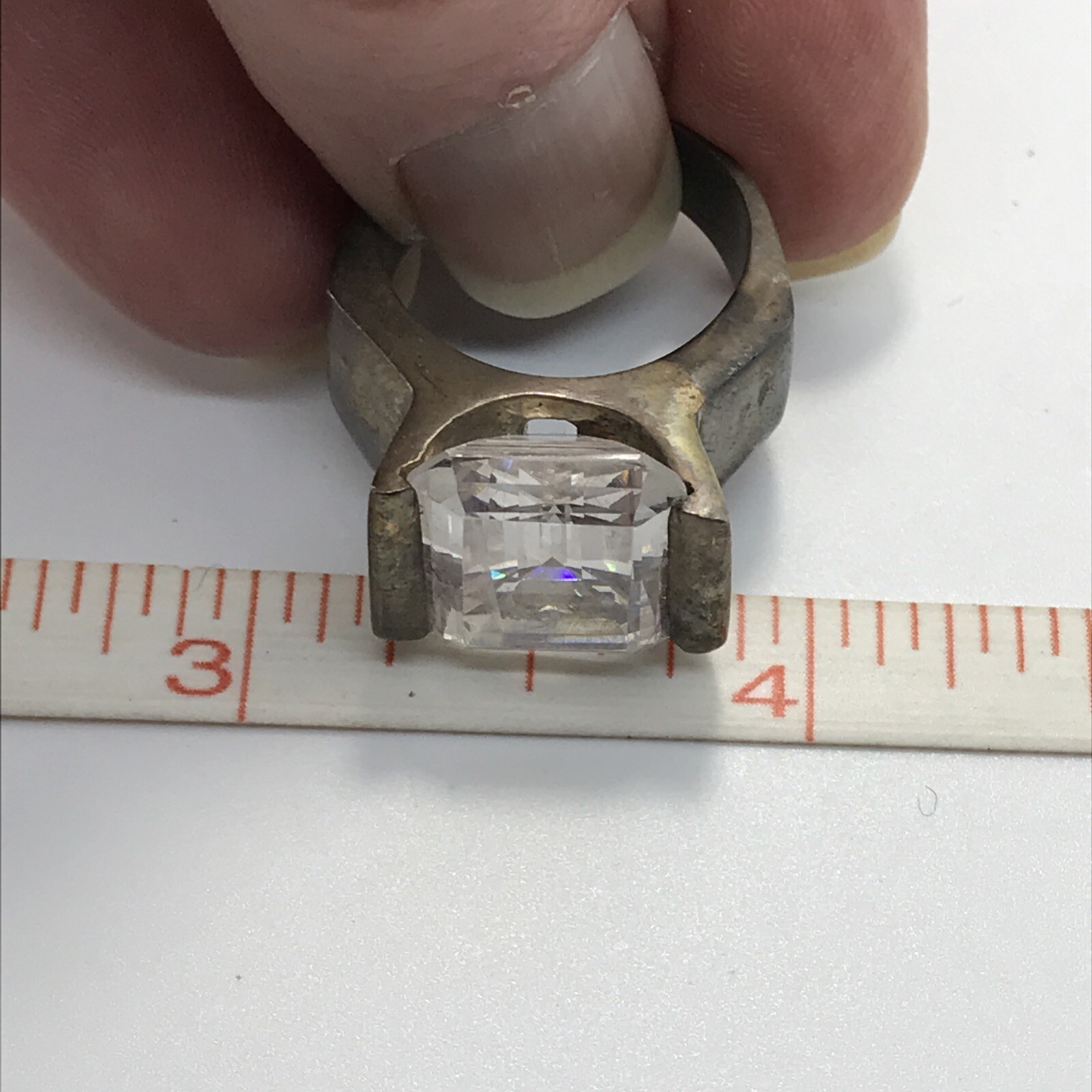 Vintage Sterling Silver & Large Emerald Cut Crystal Ring sz 7