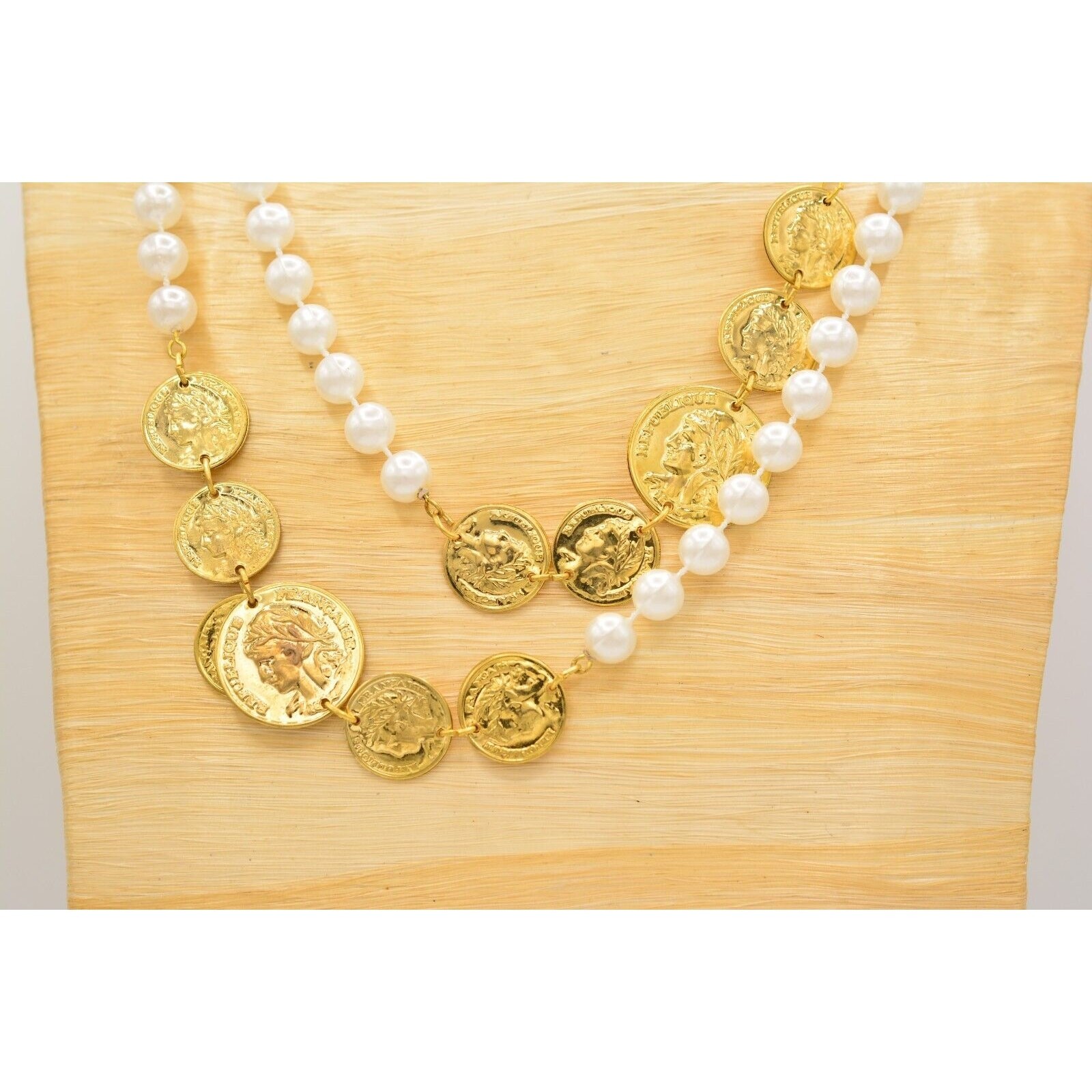 Vintage Pearl Coin Station Necklace Gold Linked White Beaded NOS 1990s BinA12