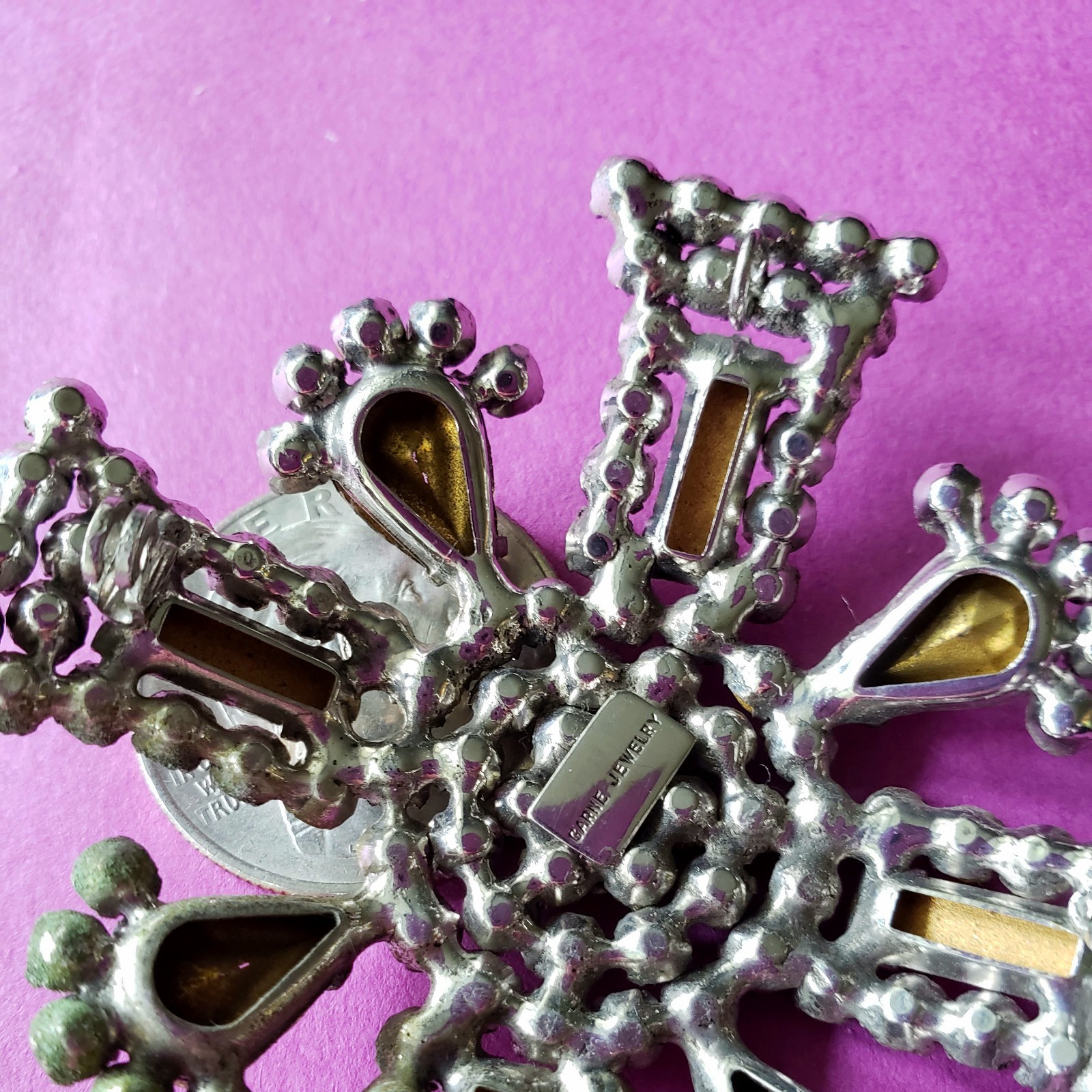 VTG GARNE New York Maltese Cross Prong Set Clear Rhinestone 2.5″ Pot Metal FAB**