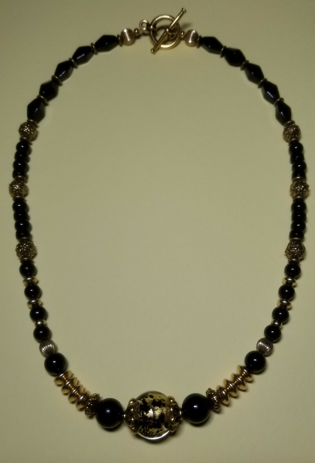 Vintage Black & Gold Beaded Necklace with Foil Art Bead Accent Toggle Closure