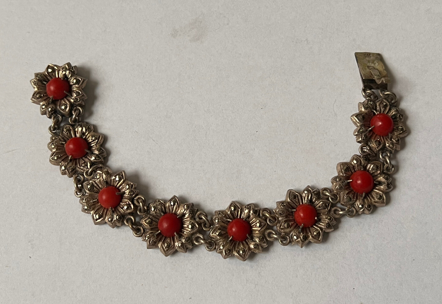 Antique Victorian 900 Silver Marcasite & Coral Link Flower Bracelet