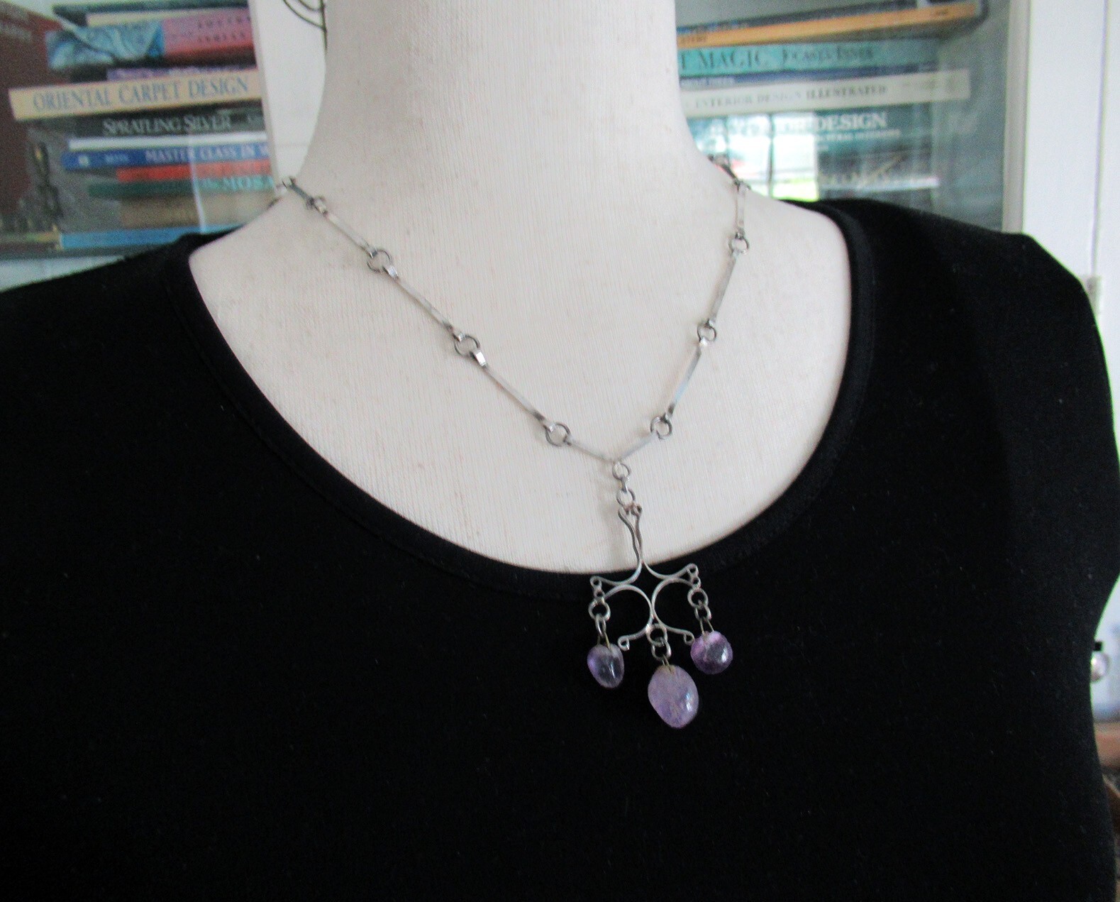 HANDMADE STERLING MODERNIST NECKLACE w AMETHYST, 2 3/8″ PENDANT, 18 INCHES
