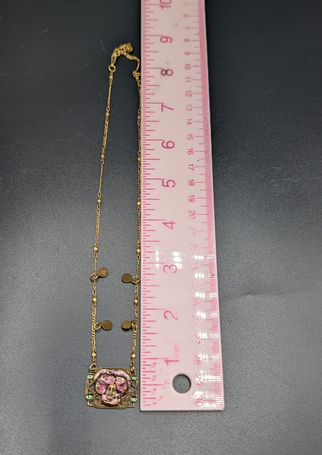 Vintage Glass Works Studio Art Nouveau Style Fairy Face Brass Finish Necklace