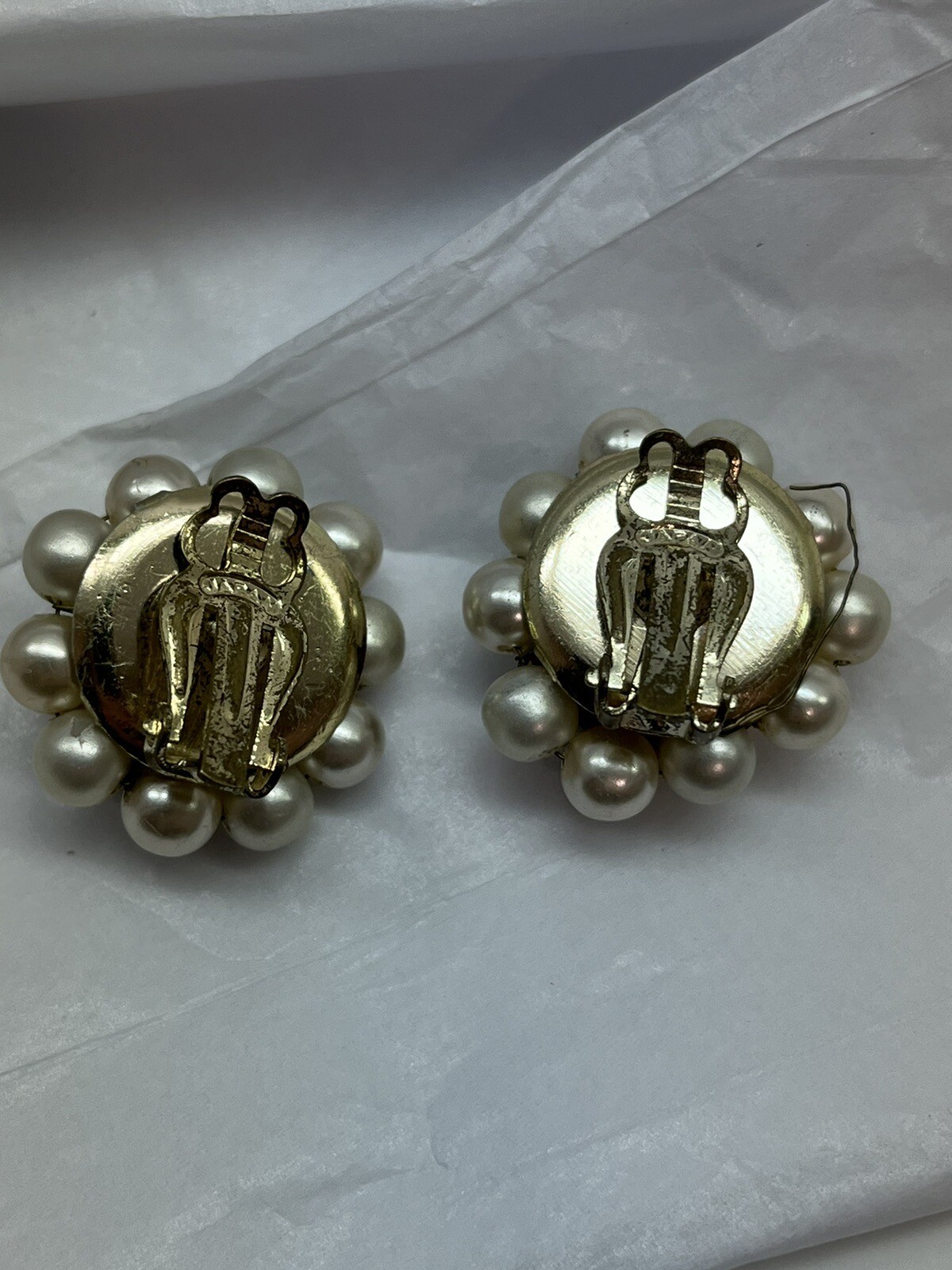 Vintage Faux Pearl Clip On Earrings Cluster Round Brown Crystal Japan 1”