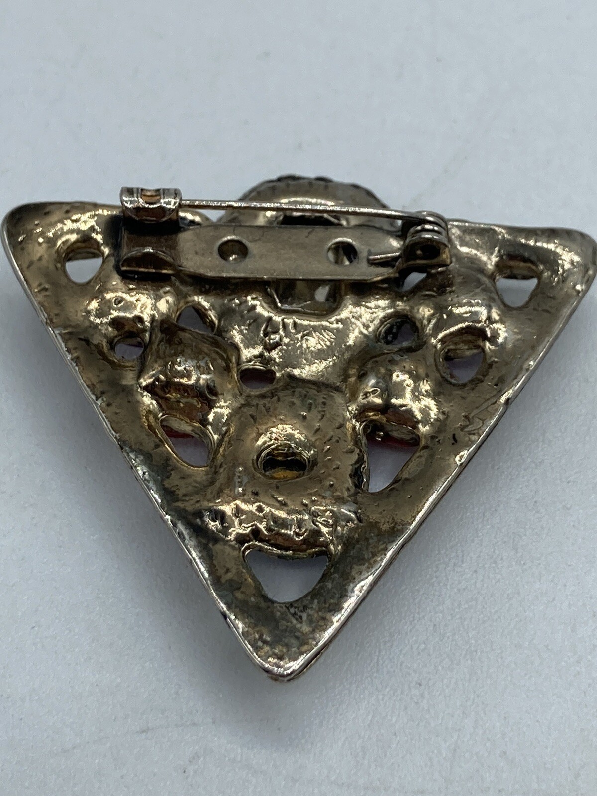 Vintage Colorful Cabochon Triangle Shaped Brooch Antiqued Gold Tone Finish Nice!