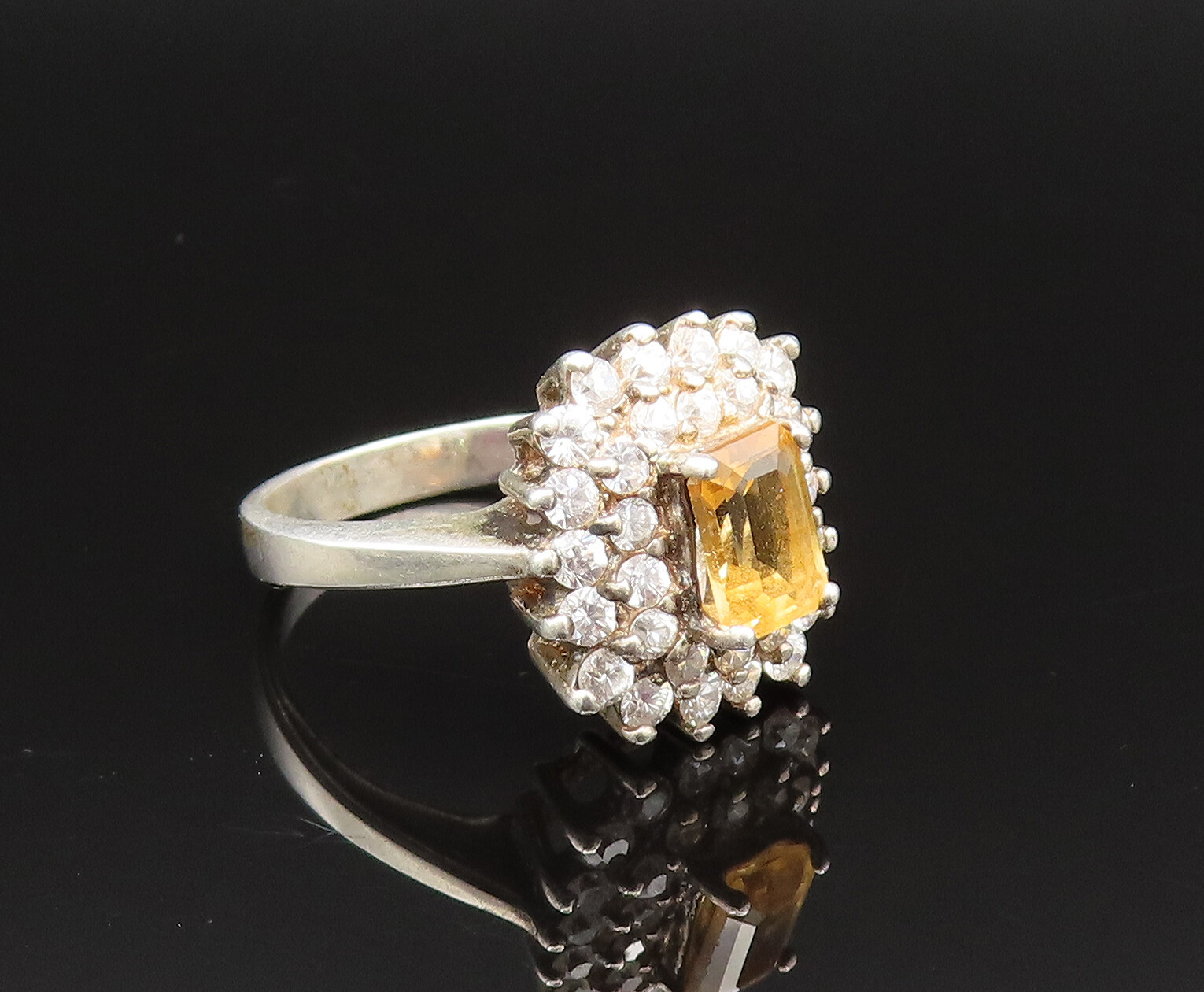 925 Sterling Silver Vintage Citrine & Cubic Zirconia Halo Ring Sz 7 RG25641