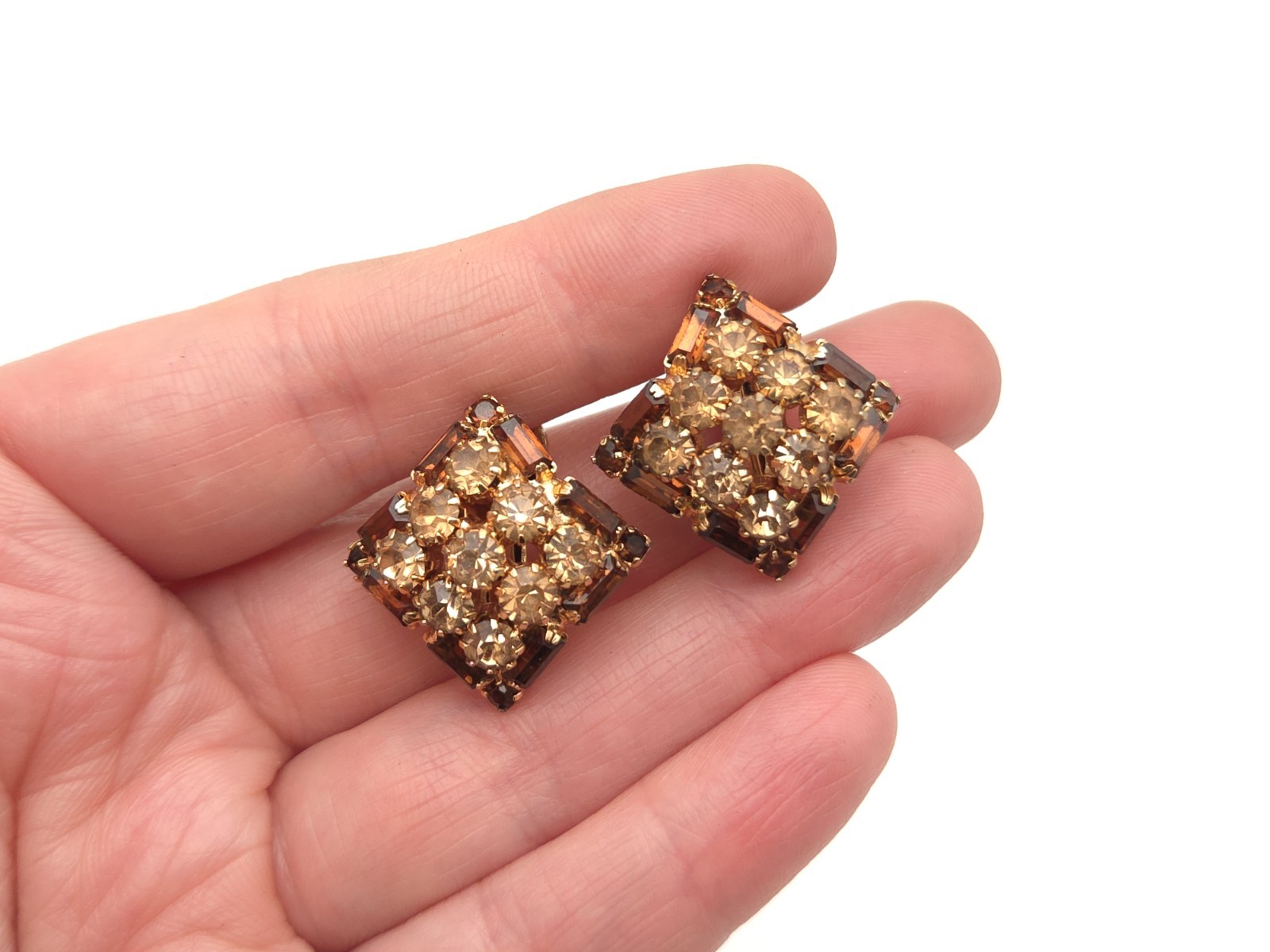 Vintage Hobe Signed Gold Tone Brown Rhinestone Adjustable Clip On Earrings