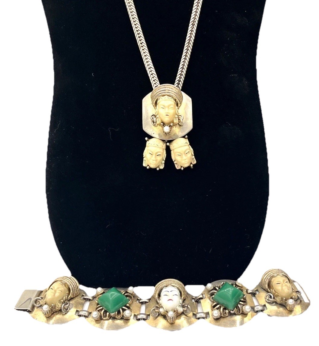 Vintage Sculpted Face Pendant Necklace & Green Stone Bracelet Set