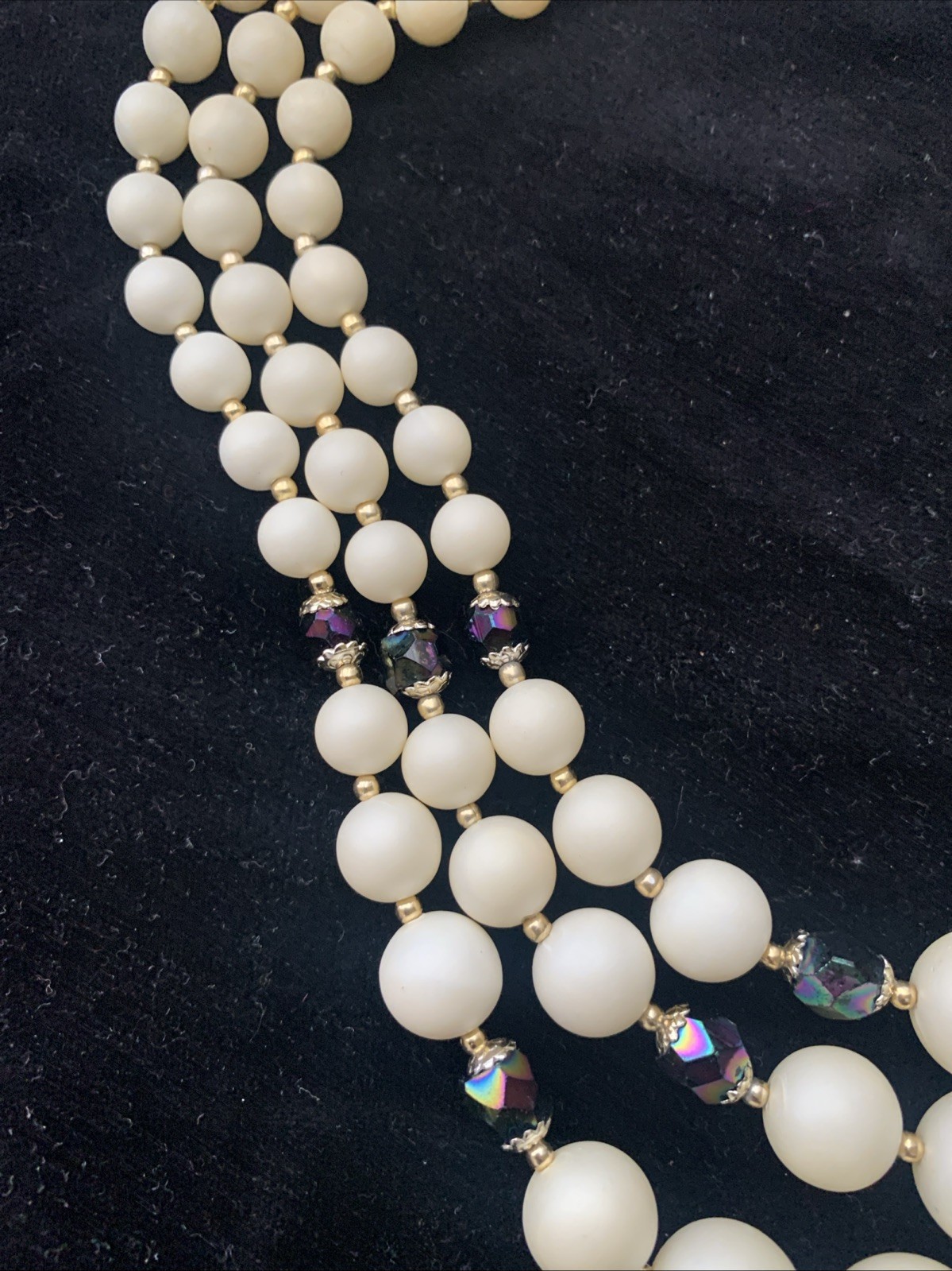MCM Costume Graduated Three Strand Necklace Ivory Gold and Black Aurora Beads