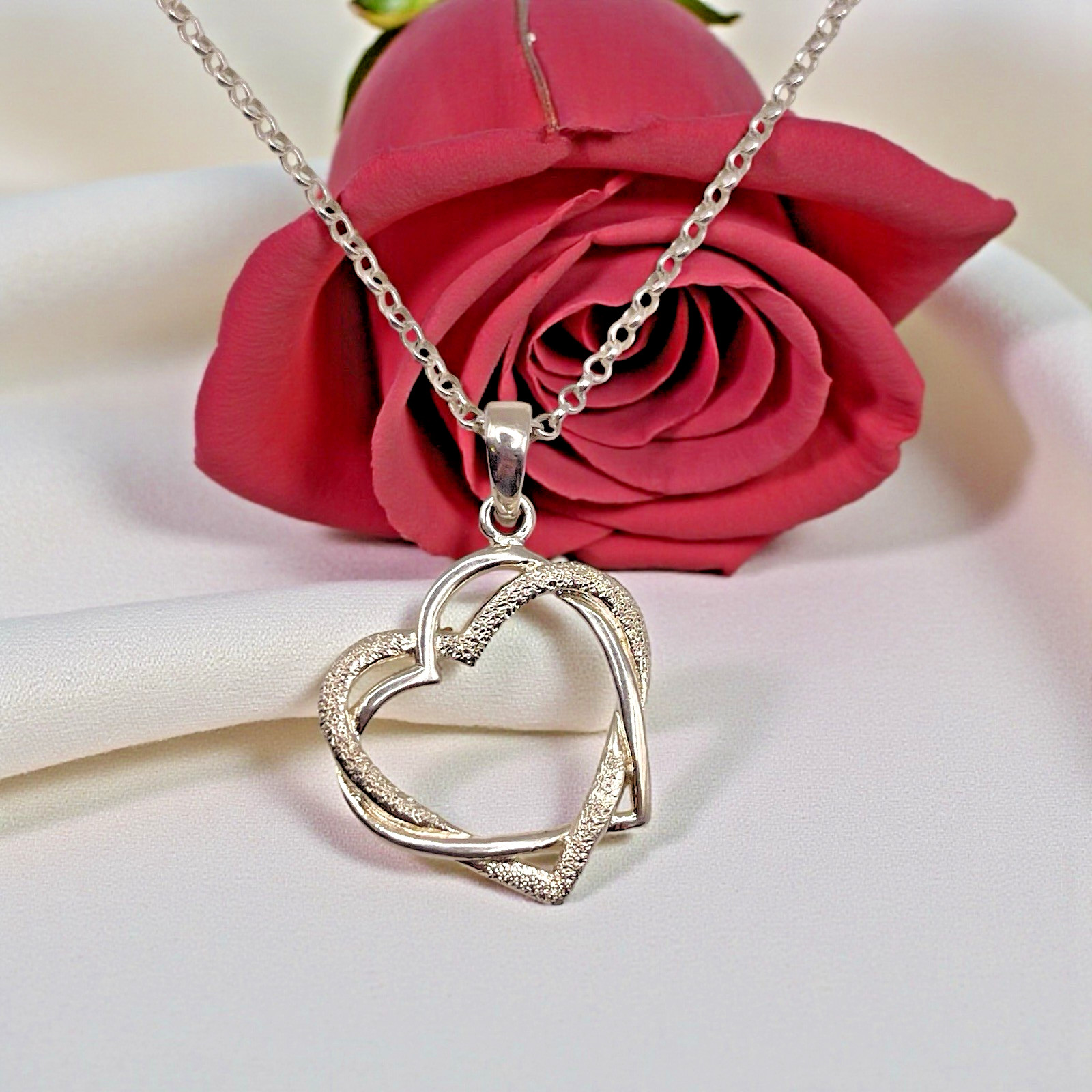 Italian 925 Sterling Double Interlocking Open Hearts Pendant Necklace, 18″