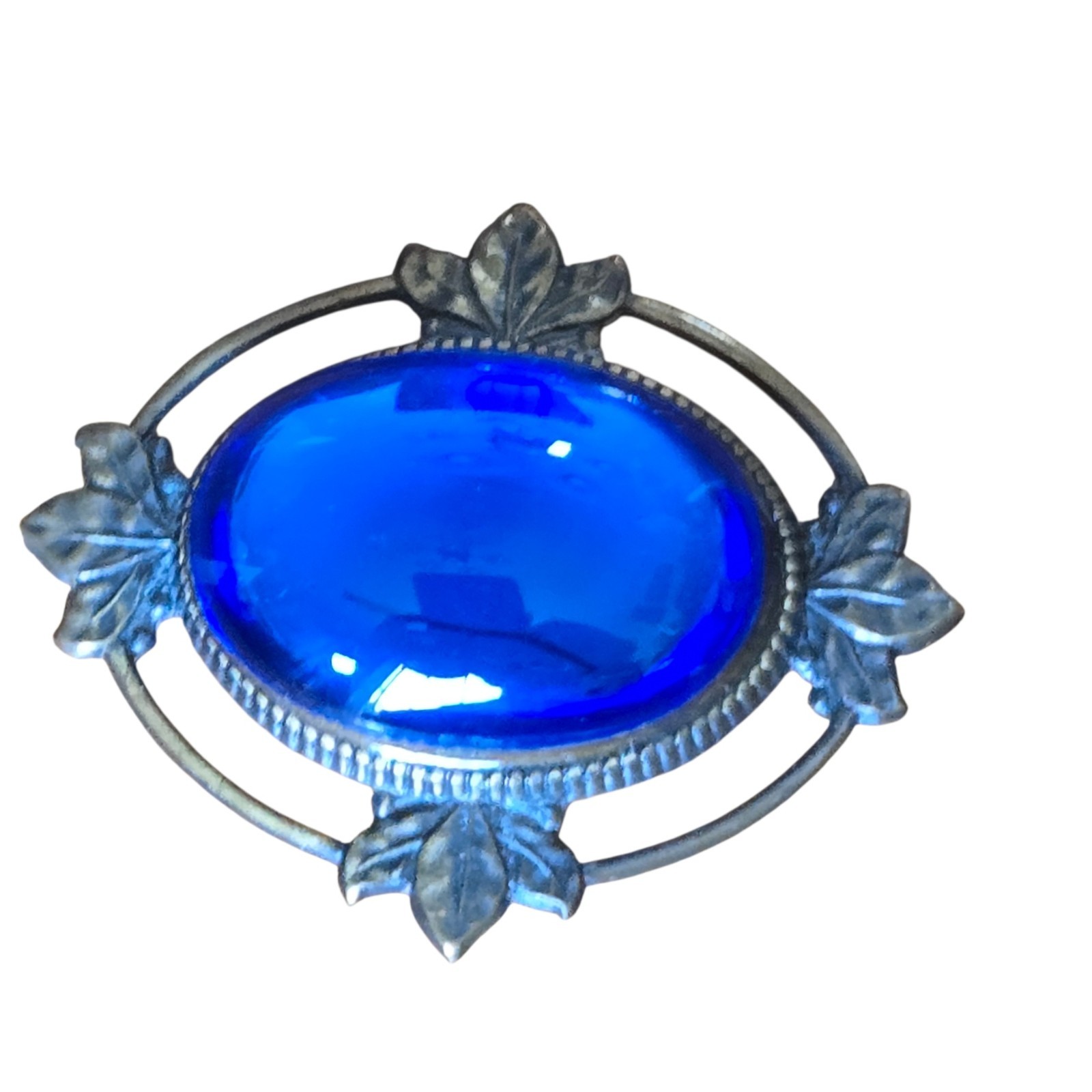 Vtg Blue Foiled Glass Cab Brooch Foliate Details Dbl Border Setting 1.5″ x 1.25″