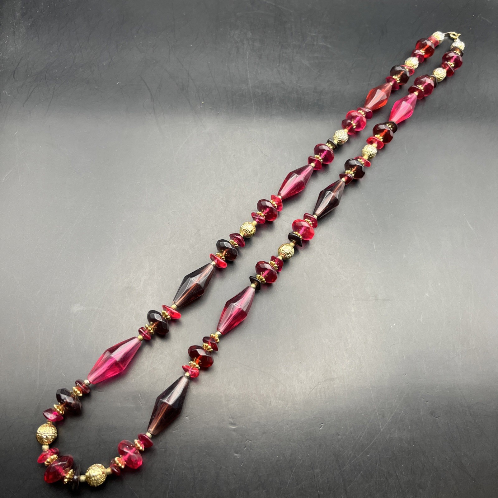 Pink Red Lucite Bead Necklace Long 30 Inch Purple Gold Tone Colorful Vintage