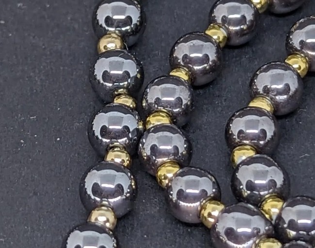 Vintage 20cm Gold Tone Black Hematite Stone 6mm Bead Bracelet & 45cm Necklace