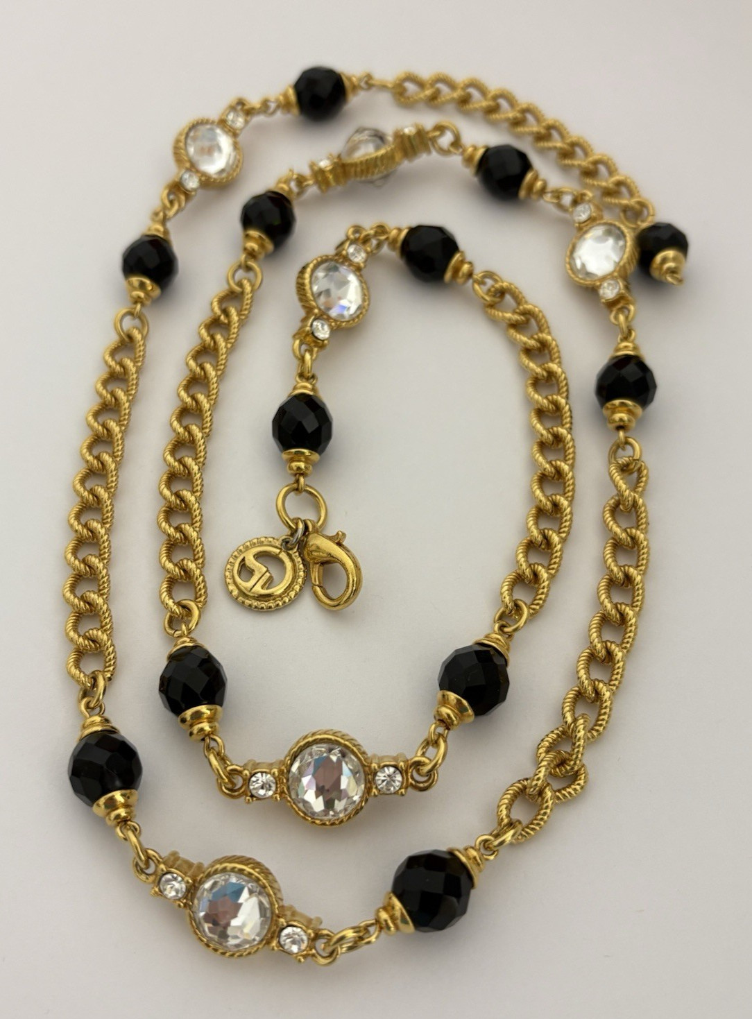Vintage St. John Necklace Thick Textured Gold Tone Chain Black Clear Glass Beads