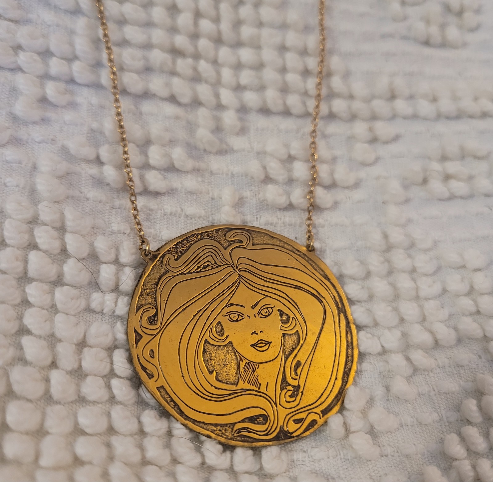 Vintage 70s Handmade Artesian Brass Gold Girl Necklace Groovy Hippy Best ’79