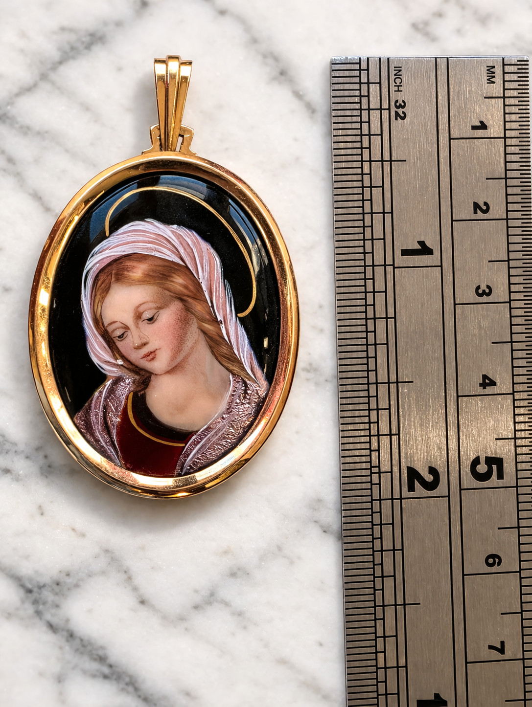 Fine Antique Art Nouvea 18K 18CT Gold Enamel Virgen Mary Medal Pendant Ca 1900