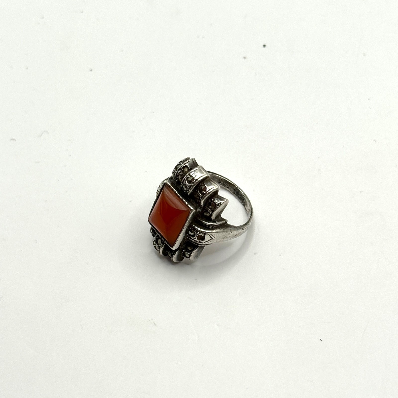 Vintage Art Deco STERLING SILVER Orange Carnelian Stone Marcasite Ring Size 4.25