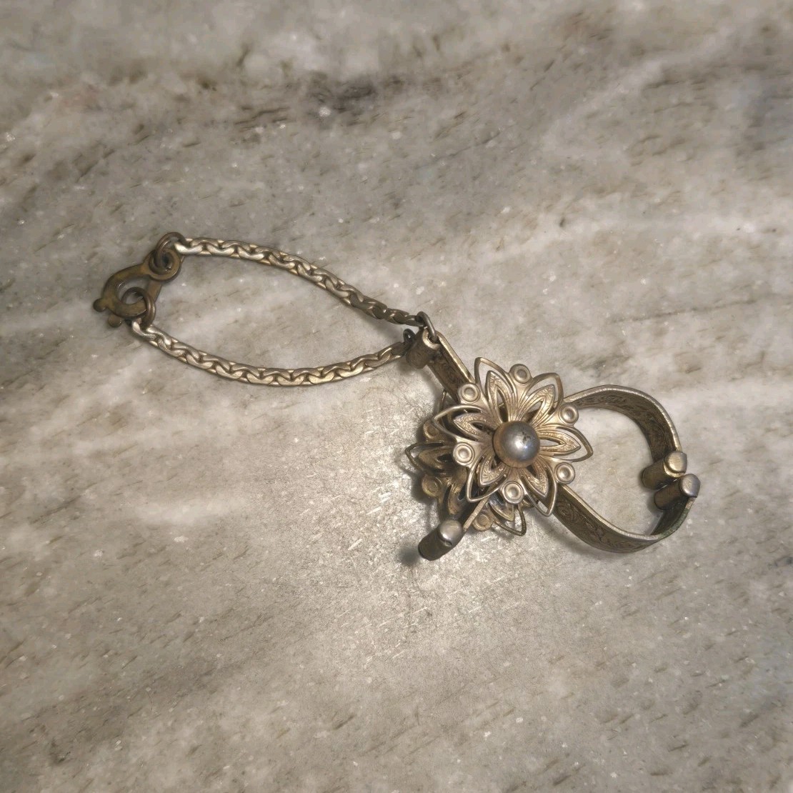 Gold Tone Engraved Flower Dress Clip w/ Chain, Round White Pearl Center