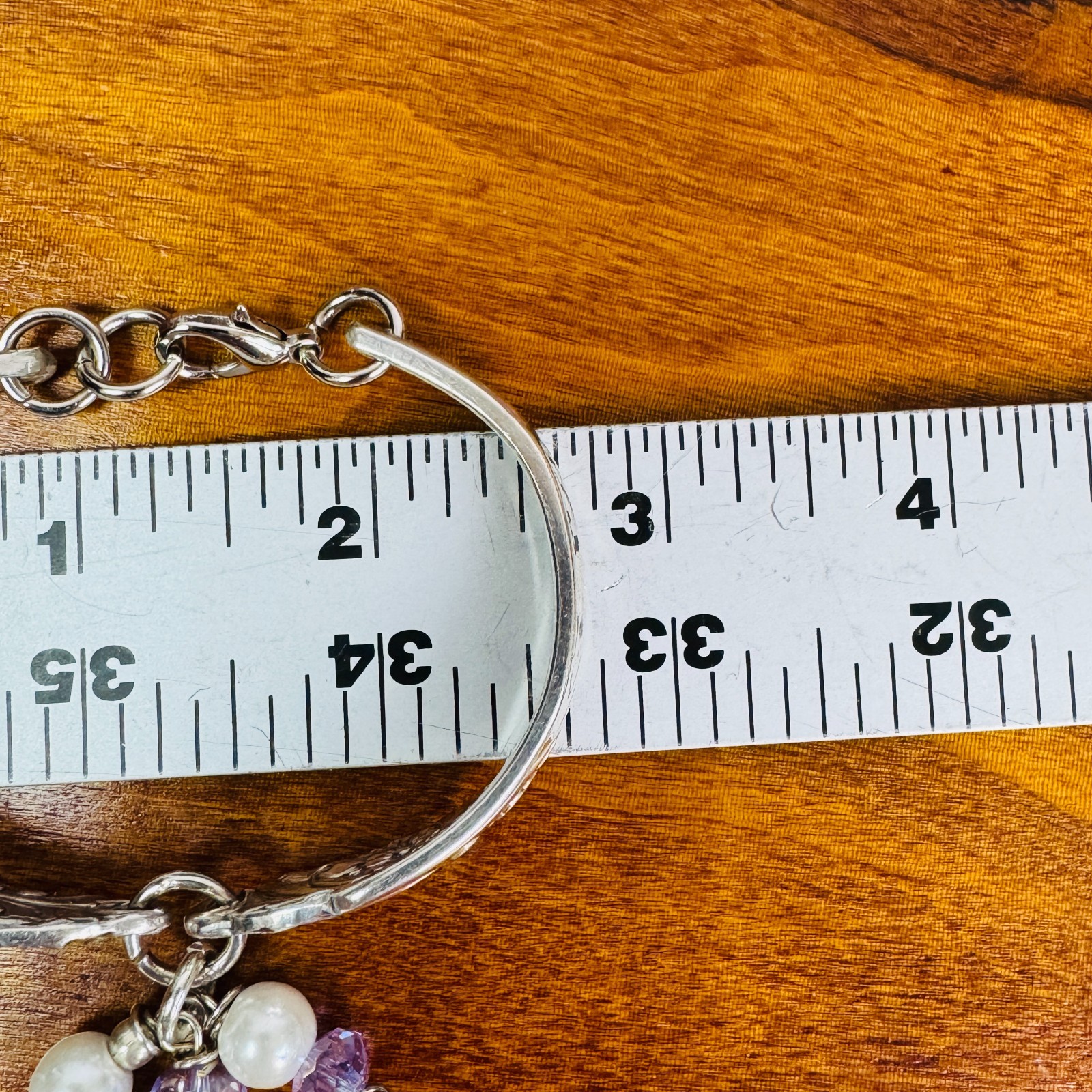Vtg Silverware Double Handle Floral Bangle Silverplate Bracelet Purple & Pearls