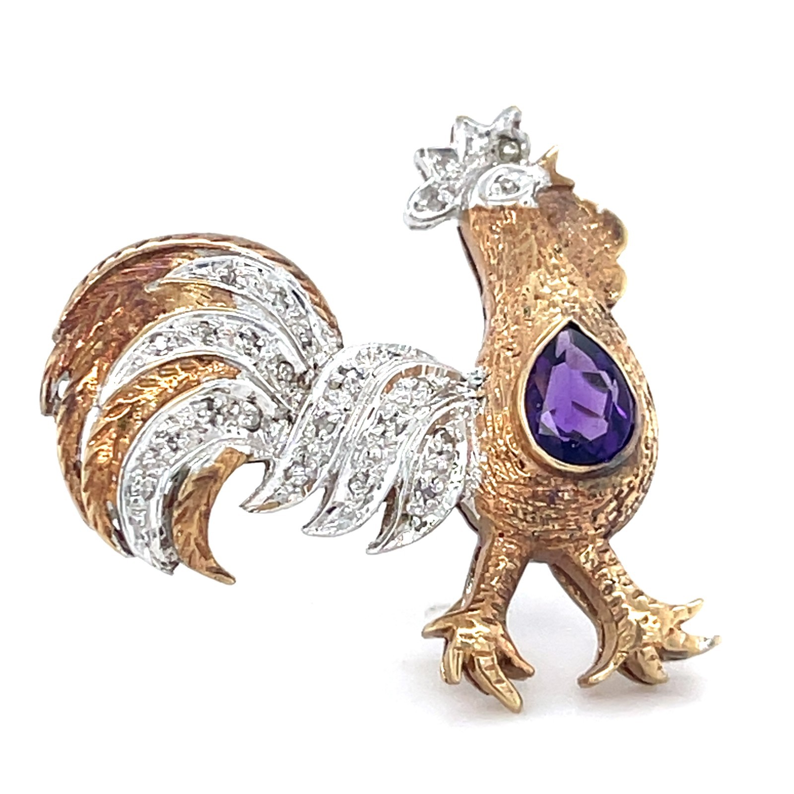 10k Two Tone Gold Petite Rooster Brooch w/ 0.35 ct Pear Amethyst & Accent Dia