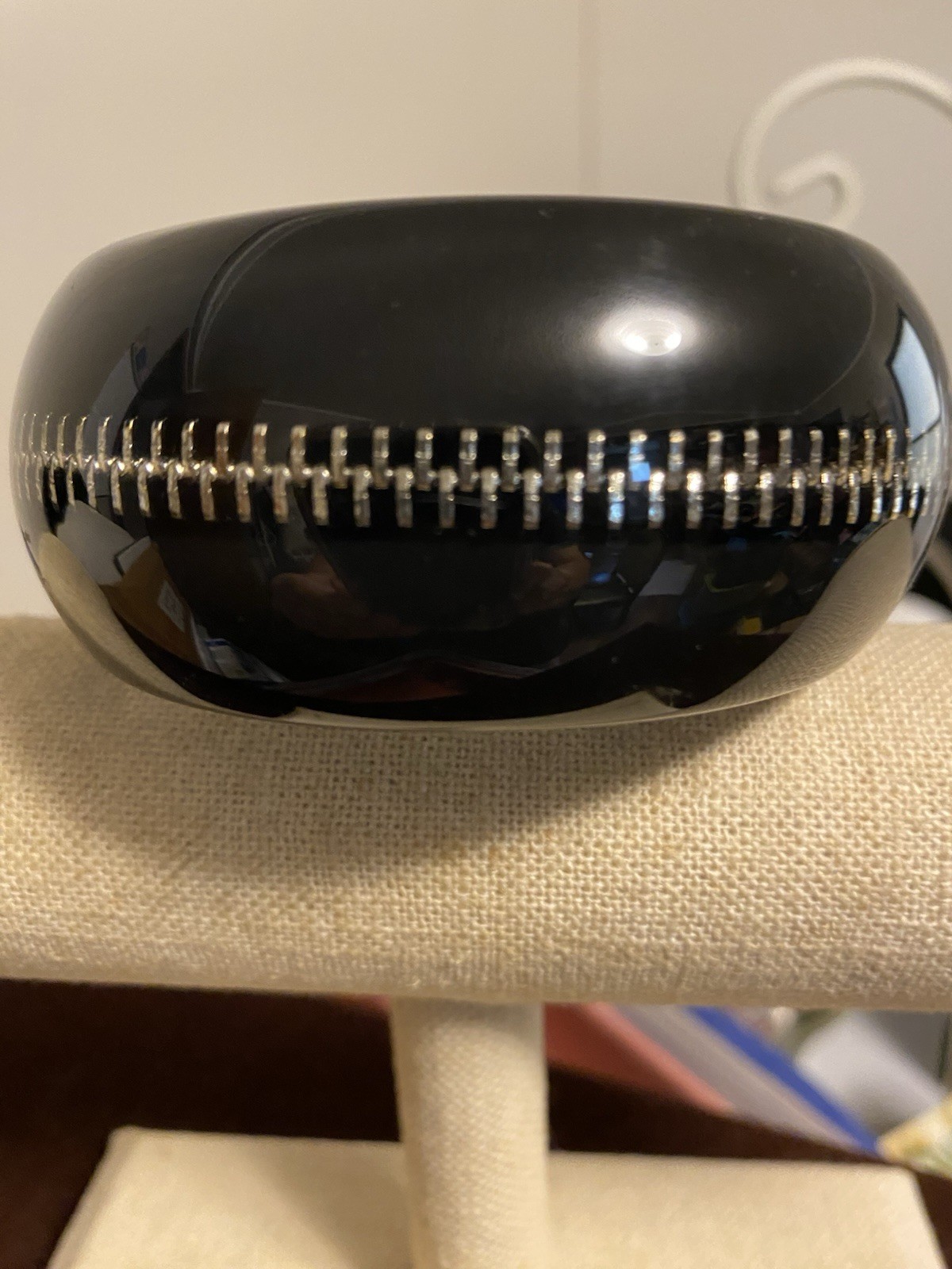 1980s Vintage Zipper Bangle Bracelet Black With Silver Tone Zipper Embedded