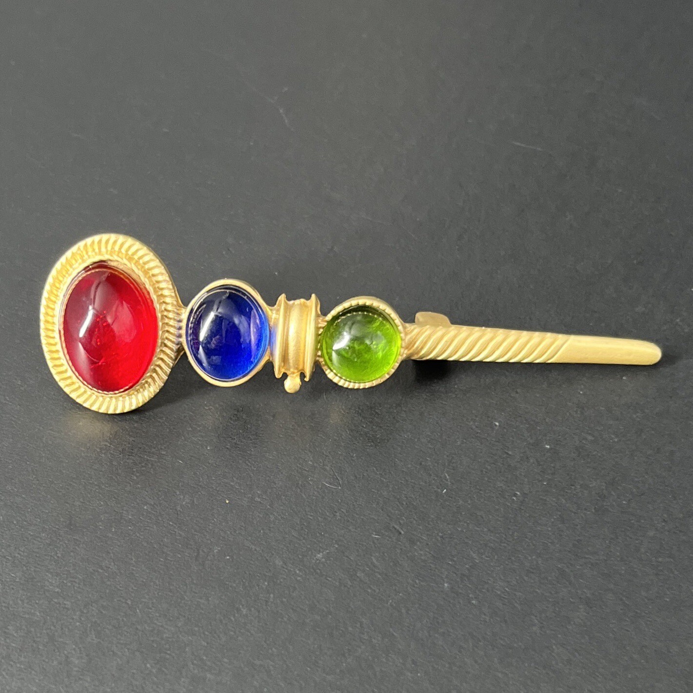 Gripoix Glass Cabochon Scarf Pin Brooch Gold Tone Red Blue Green Jabot Dagger