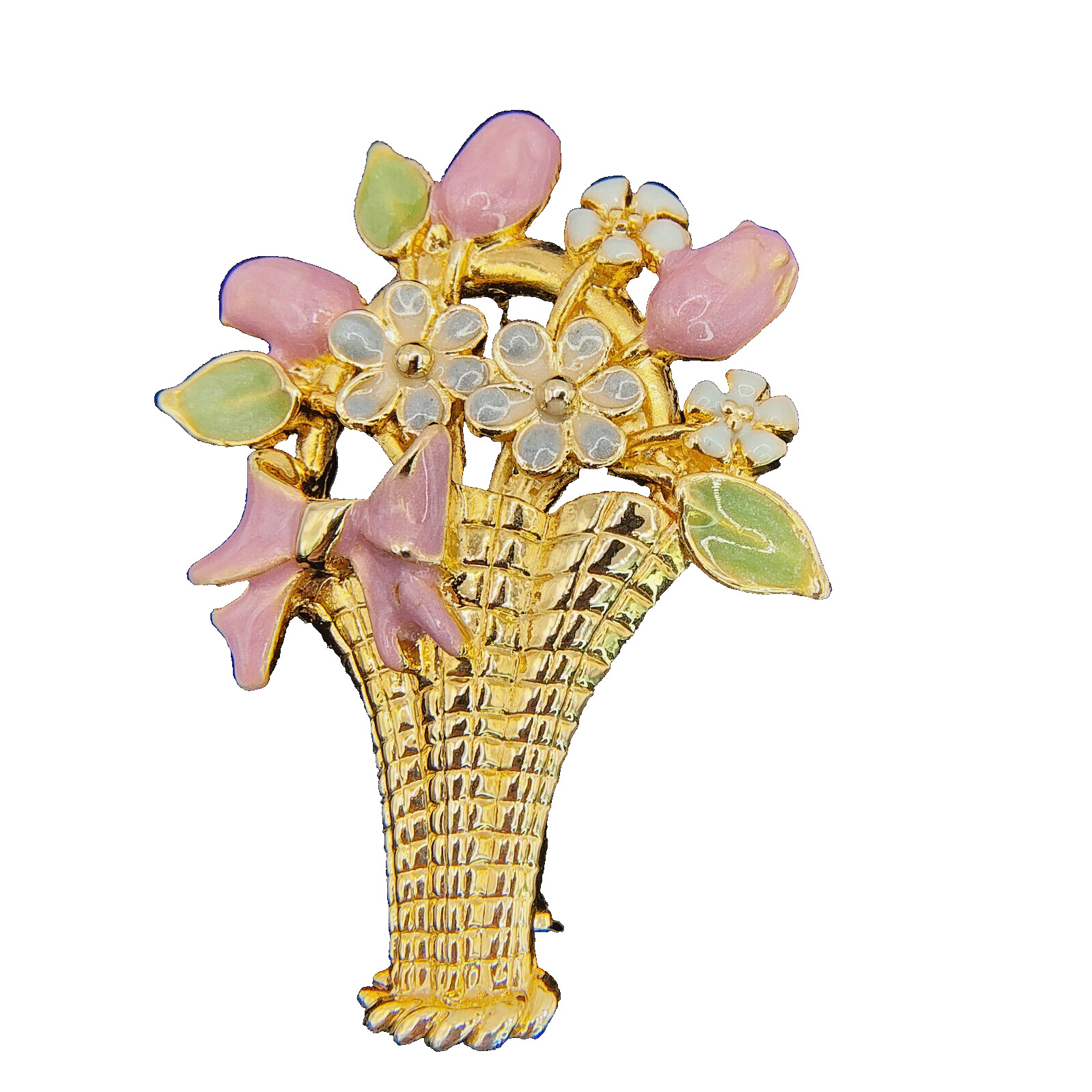 Vintage Flower Basket Brooch Pin Colorful Enamel Gold Tone Cottagecore