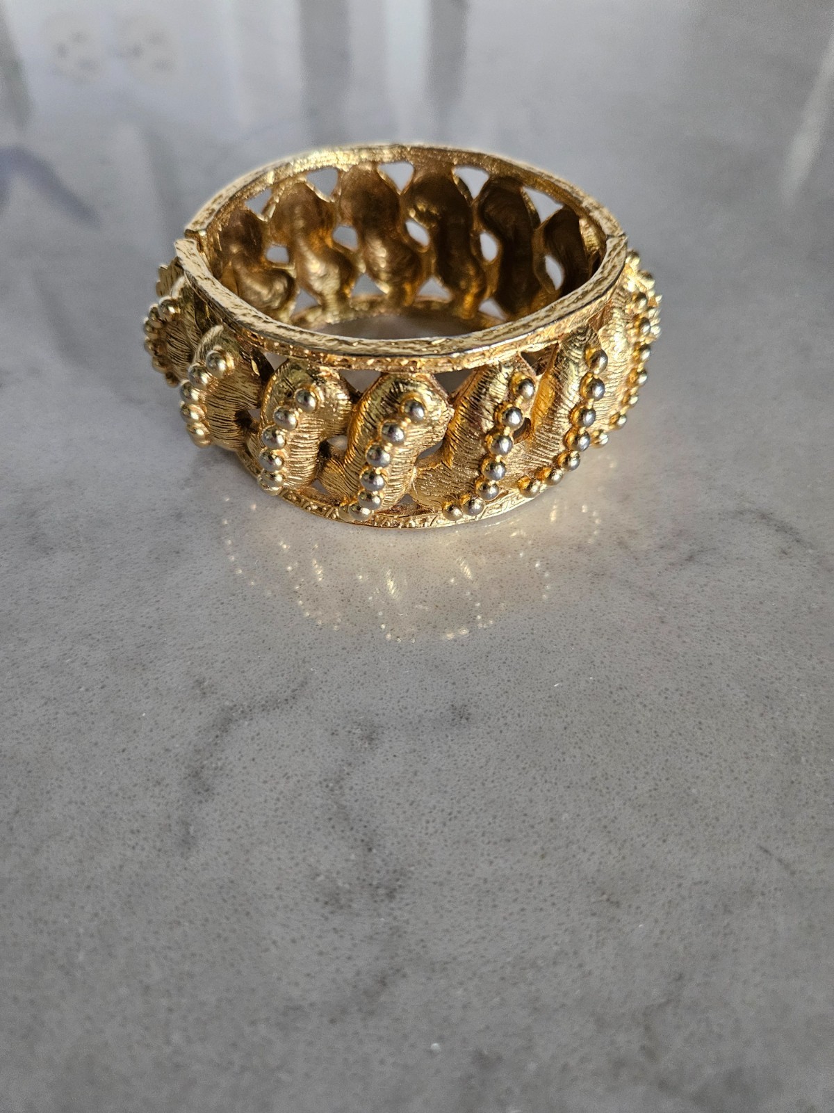 RARE AND VINTAGE KENNETH LANE GOLD BEADED SWIRLS HINGED CUFF BRACELET