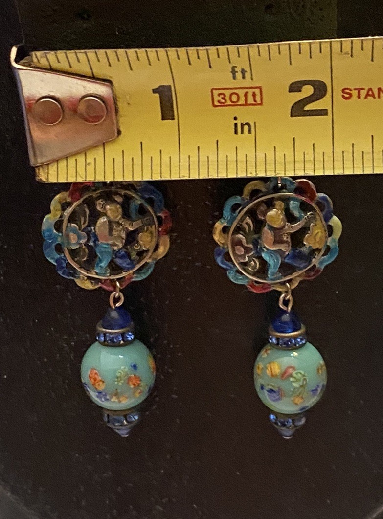 Vintage Asian Themed Colorful Ronde Bosse Enamel Art Glass Rhinestone Earrings