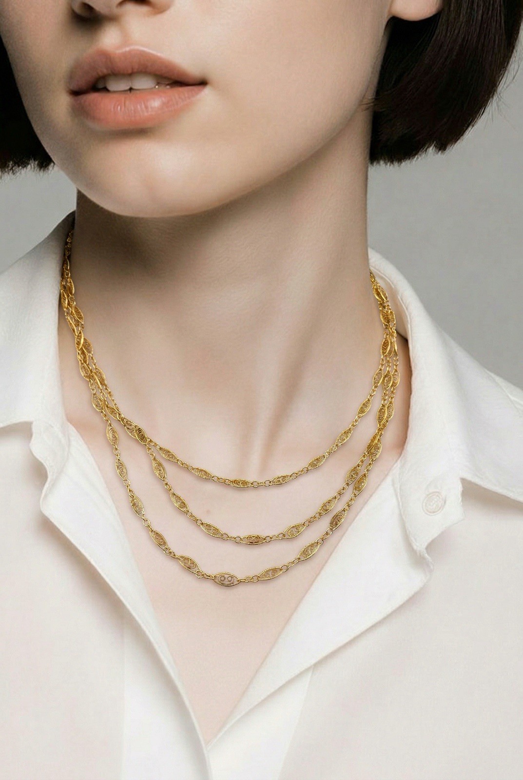 Triple Strand Filigree Link Gold Filled Necklace Vermeil Clasp 16 1/4 In