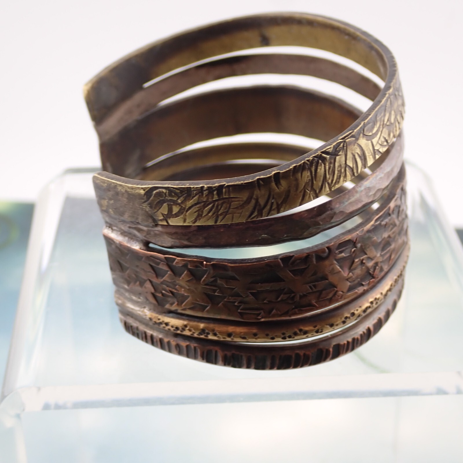 VTG Mixed Metal Sterling Silver 5 Row 7″ Hammered Stamped Textured Cuff Bracelet