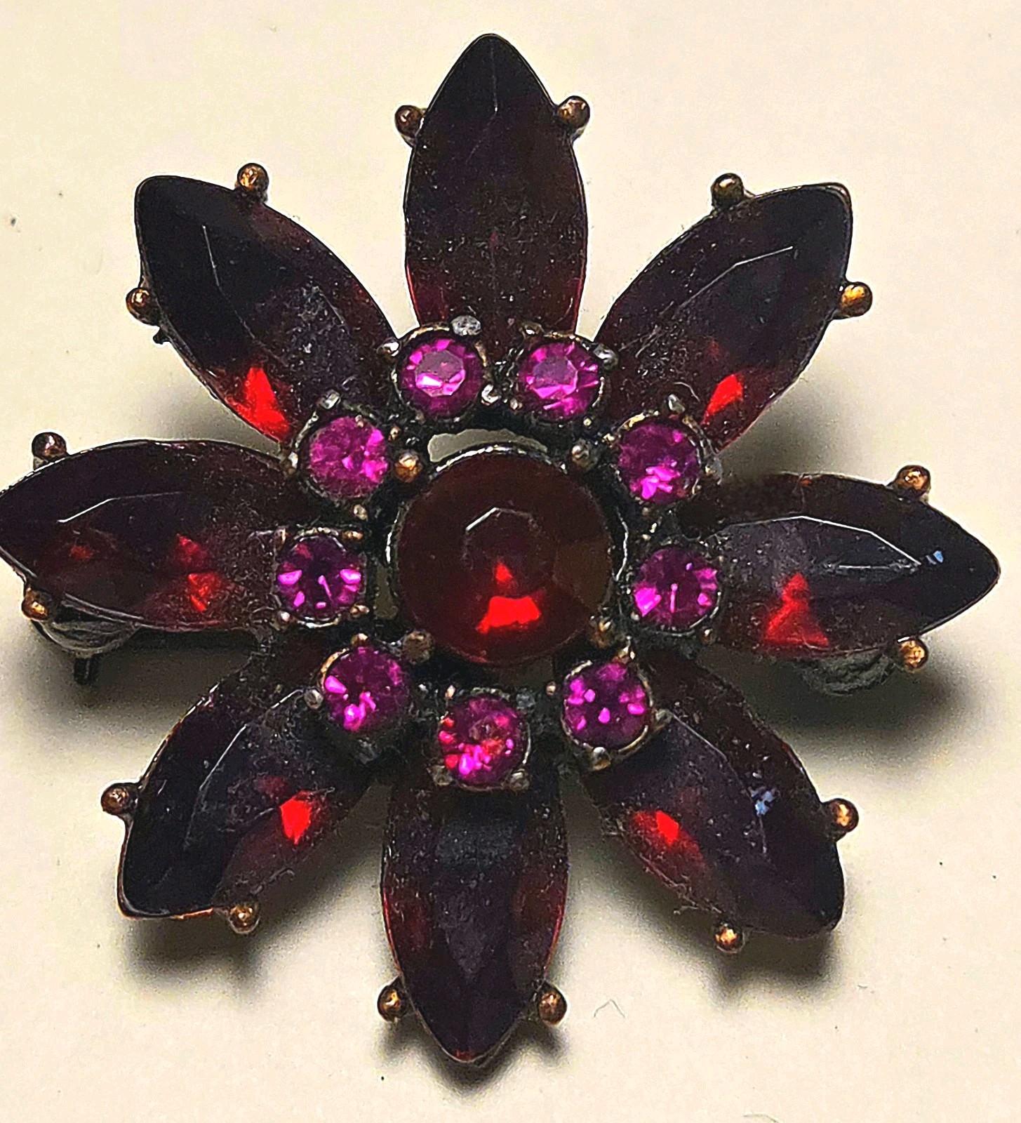 Red Marquis & Fuchsia Crystal Flower Brooch – Victorian-Style Accent – 1.75”