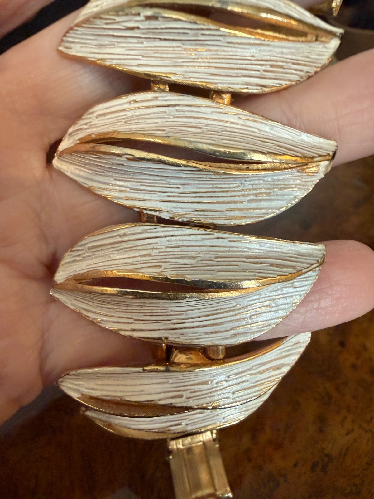 Vintage ART Modernist Bracelet Gold Tone White Enamel Brutalist Sculptural