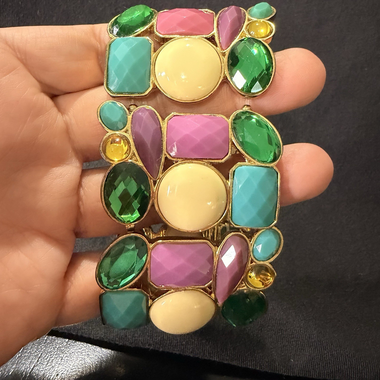 Vintage Gold Tone Faux Cabochon Bracelet Multicolor Ornate Linked Panels A1