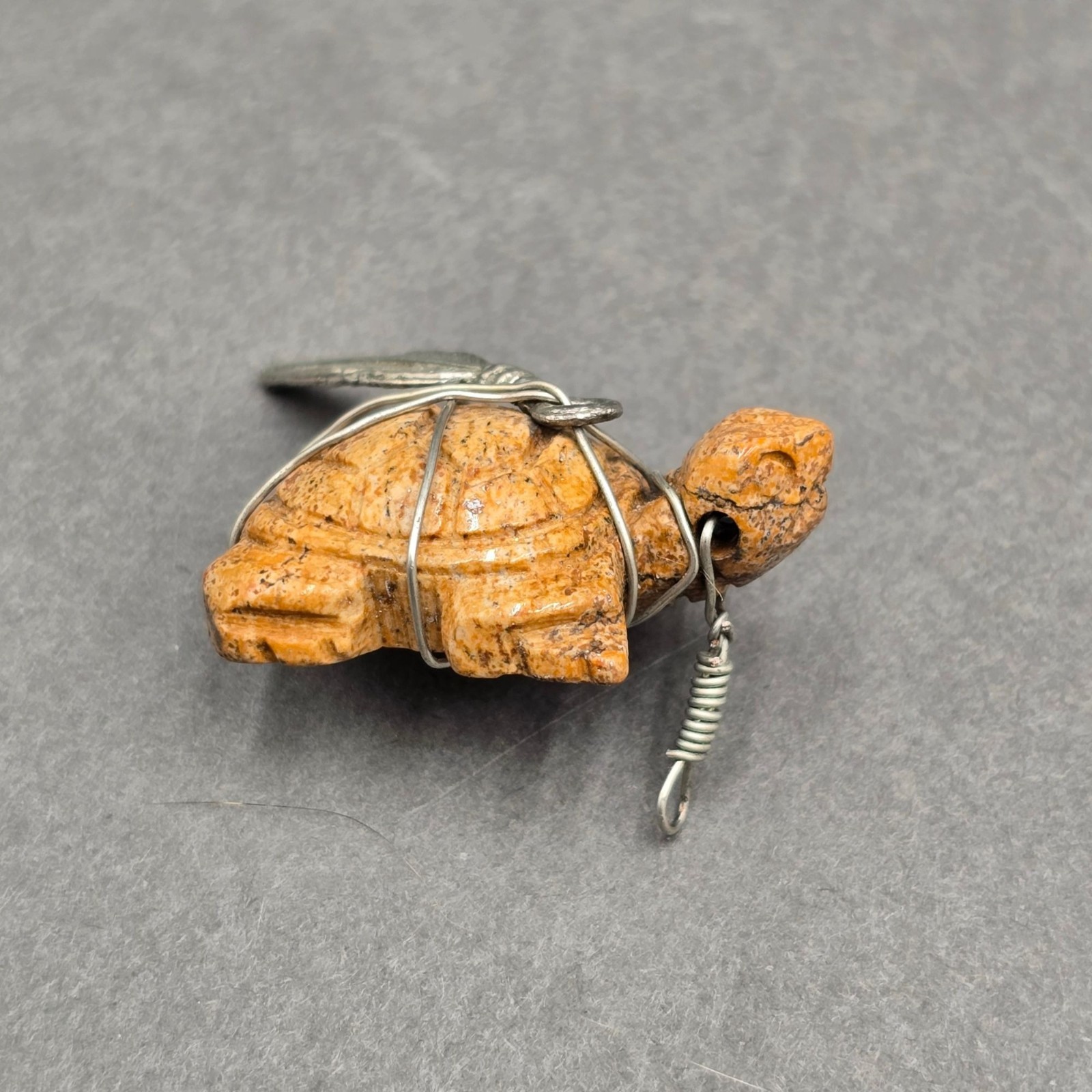 Vintage Hand Carved Jasper Turtle Pendant Wire Wrapped Southwestern Feather