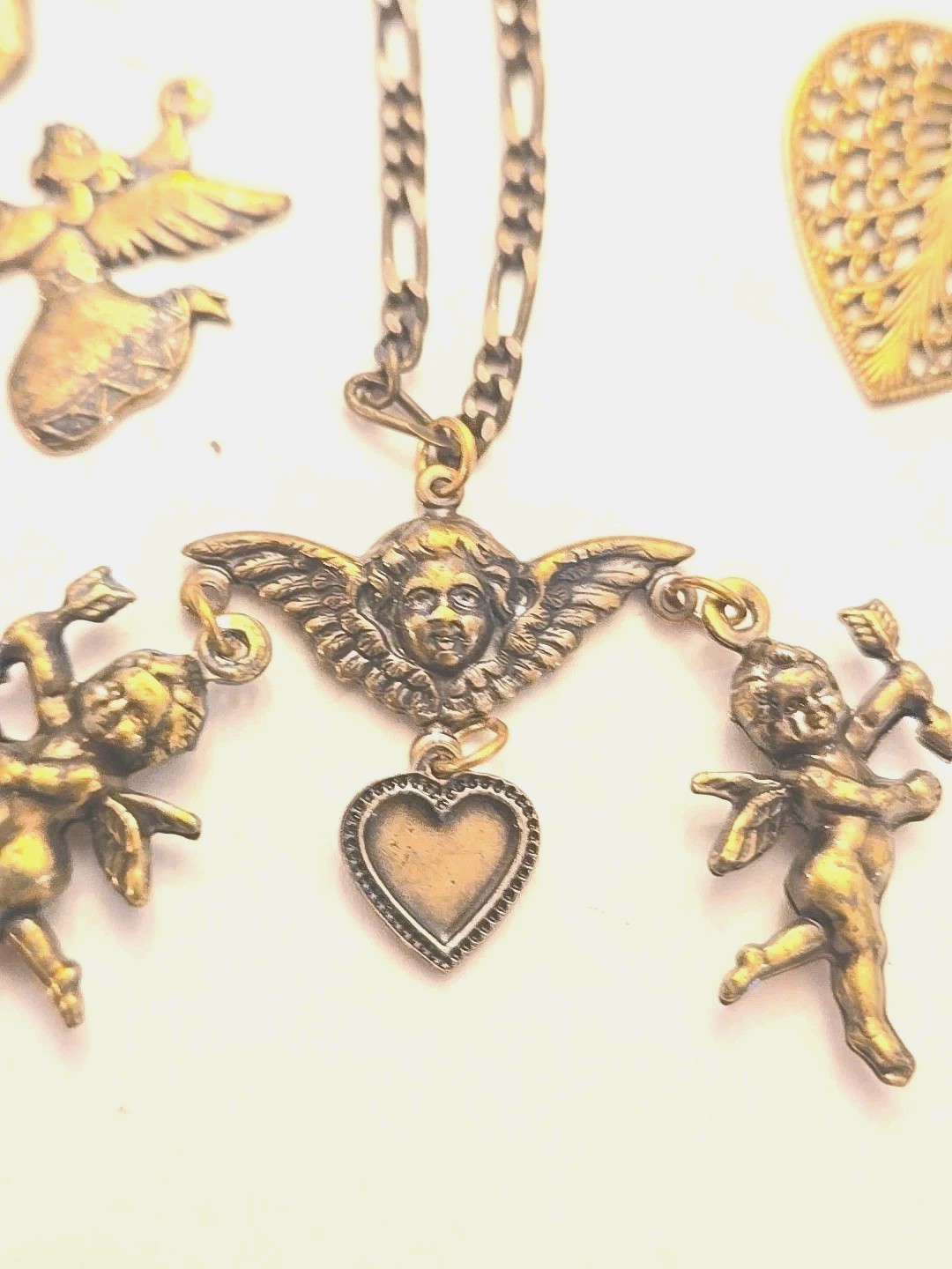 Vintage Cherub Heart Charm Lot Statement Necklace Victorian Revival Romantic