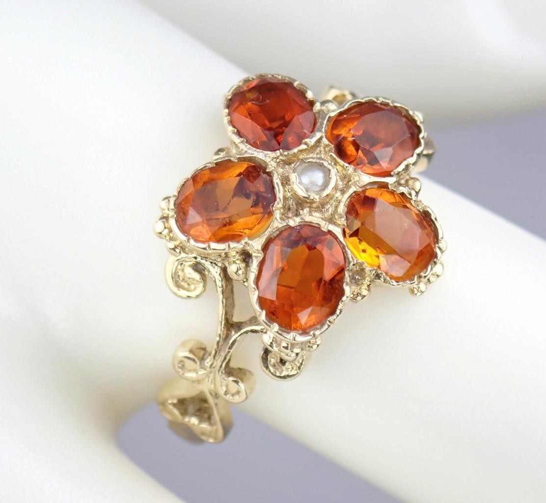 Pretty Vintage Solid 9K Gold Madeira Citrine Pearl Floral Scroll Ring 1971 7.25
