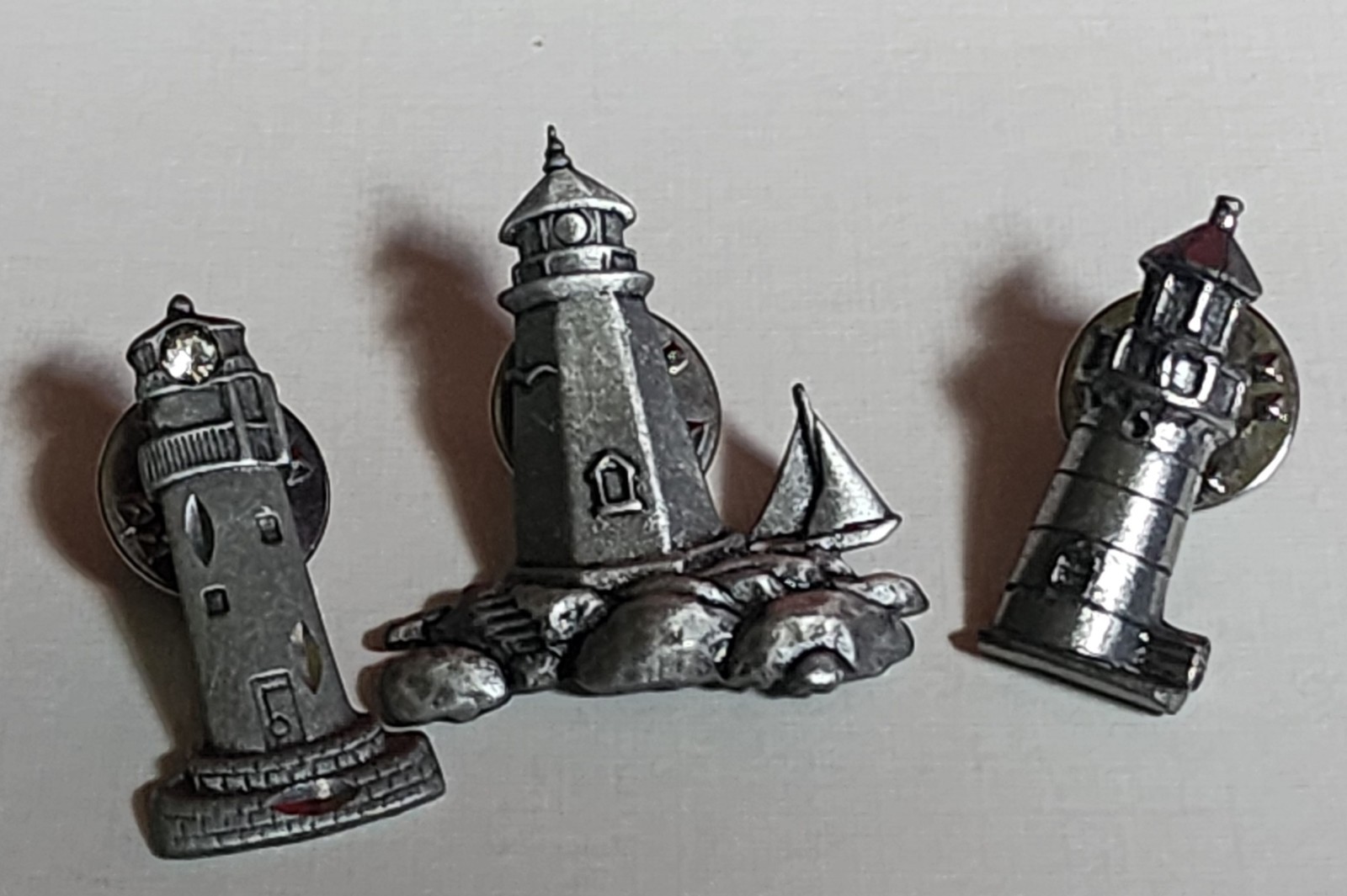 Lot Of 3 Vtg Pewter LIGHTHOUSE PINS RHINESTONE 80s 90s Jonette Jewelry Jim Clift