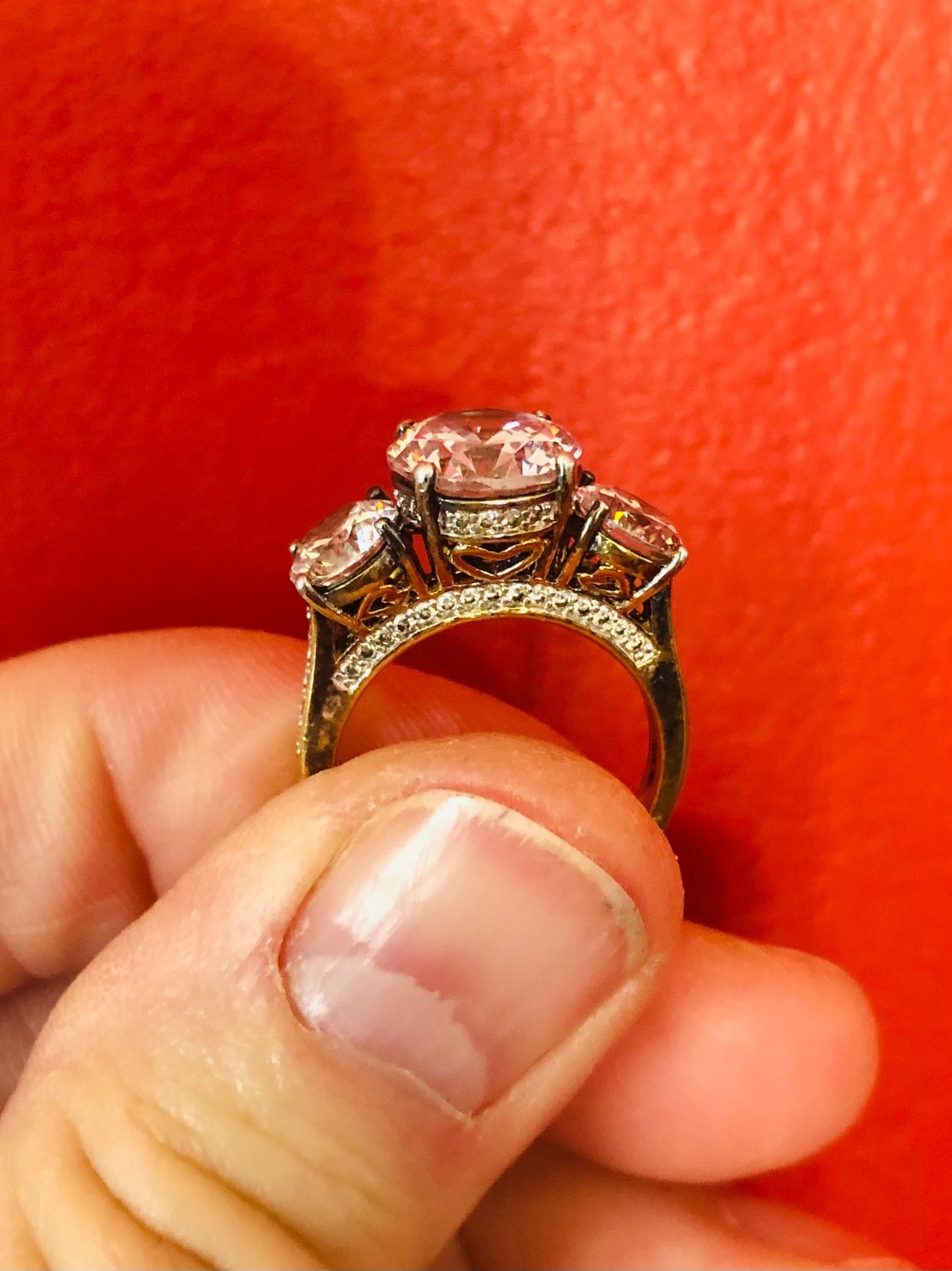 Engagement ring band gold tone 3 stone glass estate vintage 5 carat TW