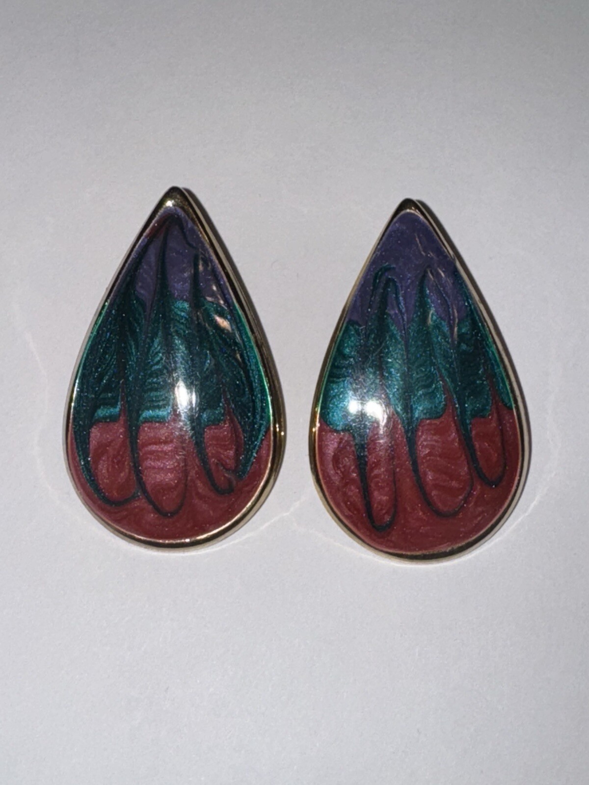 Vintage Purple Blue And Pink Shimmer Swirl Gold Tone Teardrop Stud Earrings