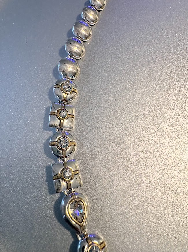 Vintage MONET Signed Two-Tone Silver/Gold Rhinestone Necklace 17″