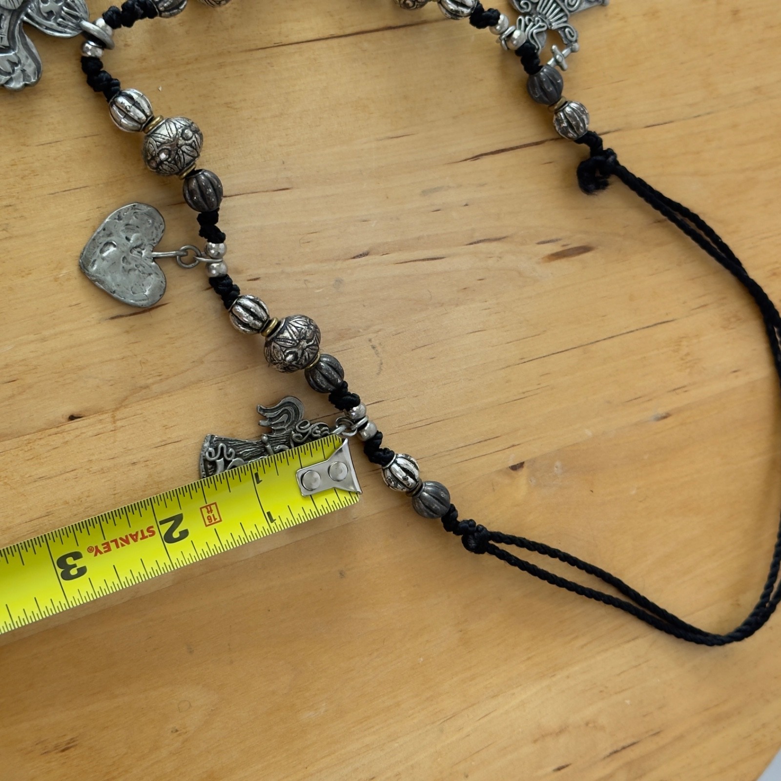 Vintage Signed MARCIE Beaded Pewter 3 Angels Cord Necklace Faith, Hope & Charity