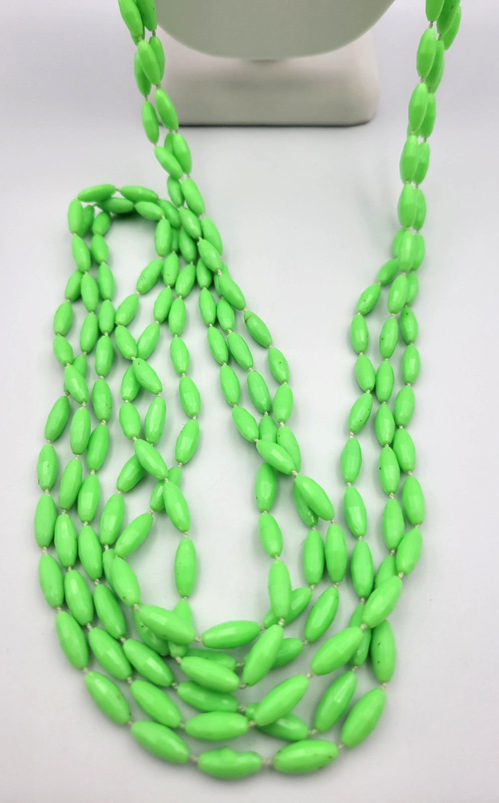 Vintage Lime Green 3 Strand Plastic Bead Necklace Hong Kong Long 50″